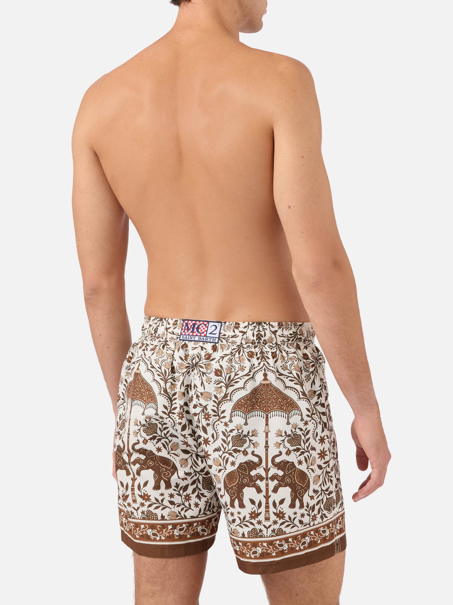 Gustavia swim shorts with brown ornamental placed print