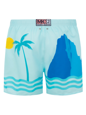 Mid-length Gustavia swim-shorts with Ibiza postcard placed print - MC2 Saint Barth