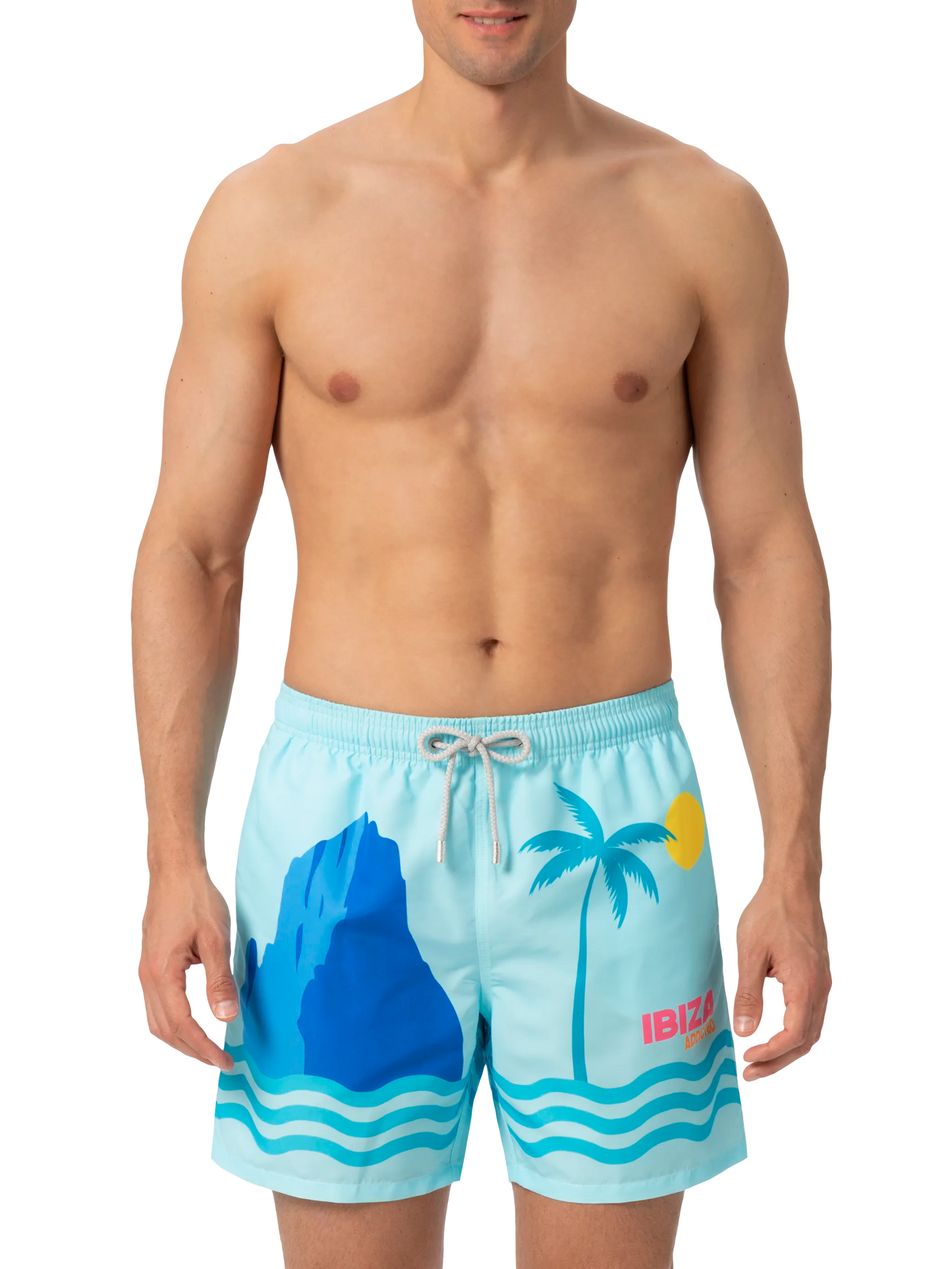 Mid-length Gustavia swim-shorts with Ibiza postcard placed print - MC2 Saint Barth