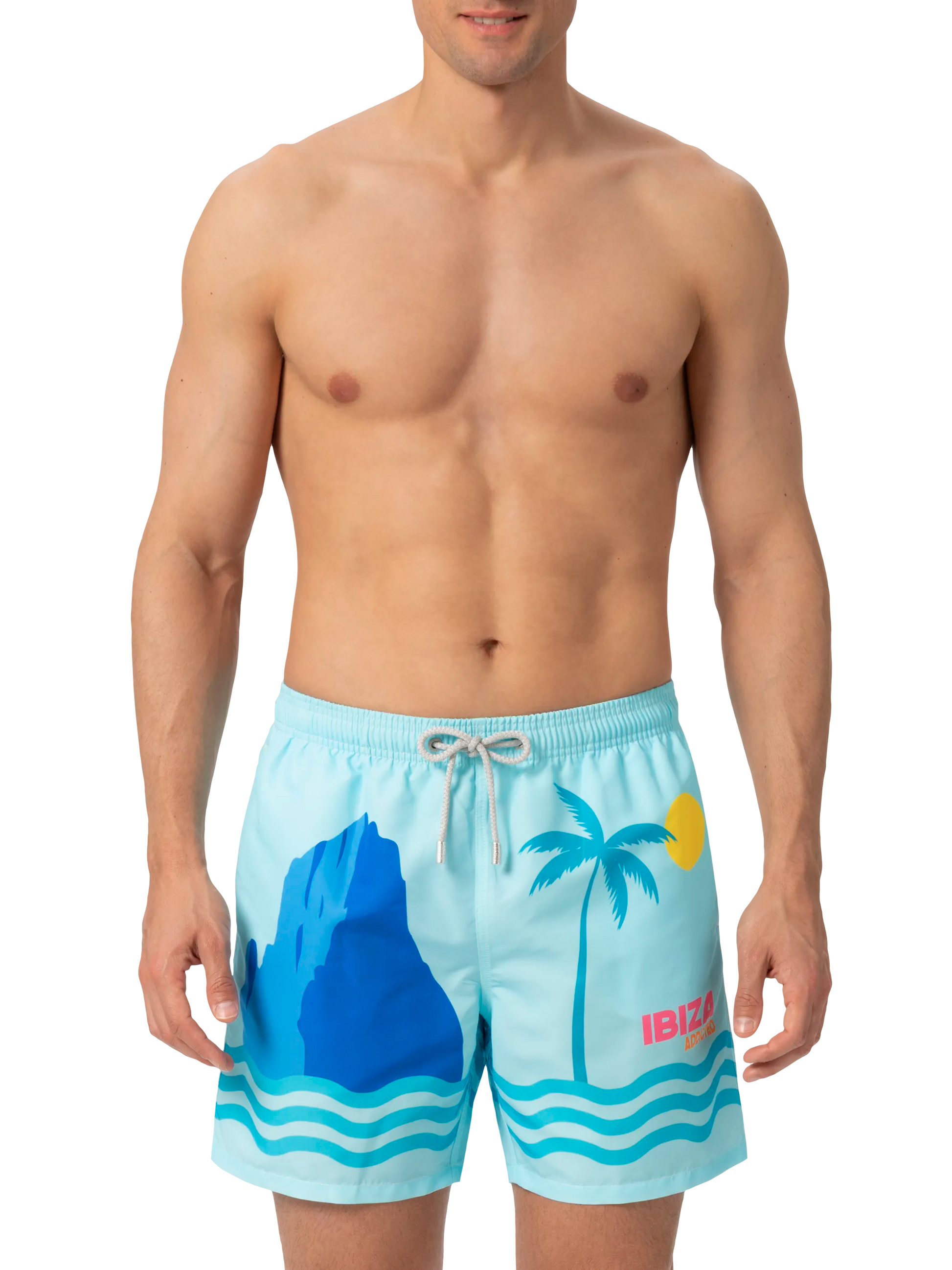 Mid-length Gustavia swim-shorts with Ibiza postcard placed print - MC2 Saint Barth