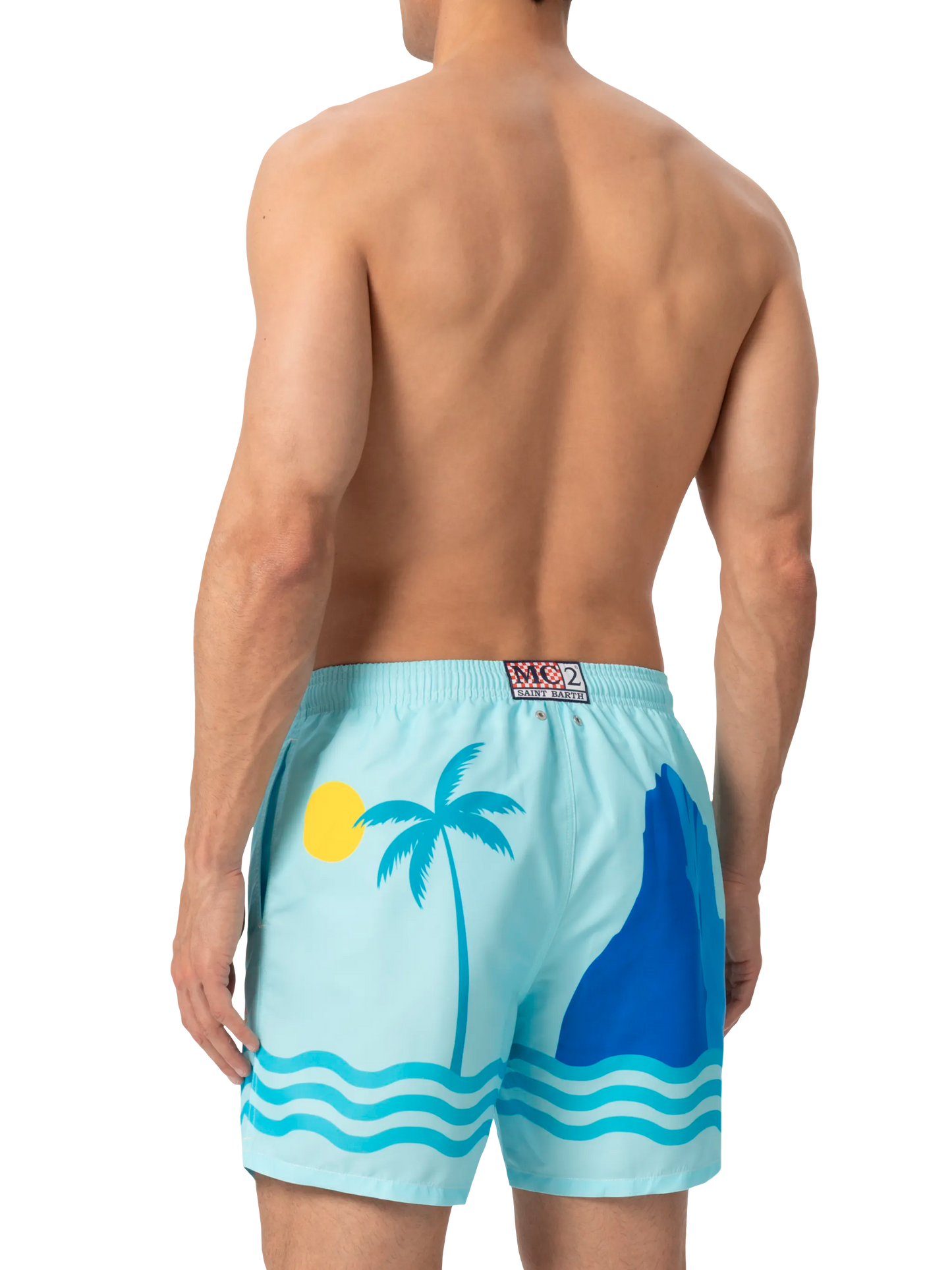 Mid-length Gustavia swim-shorts with Ibiza postcard placed print - MC2 Saint Barth