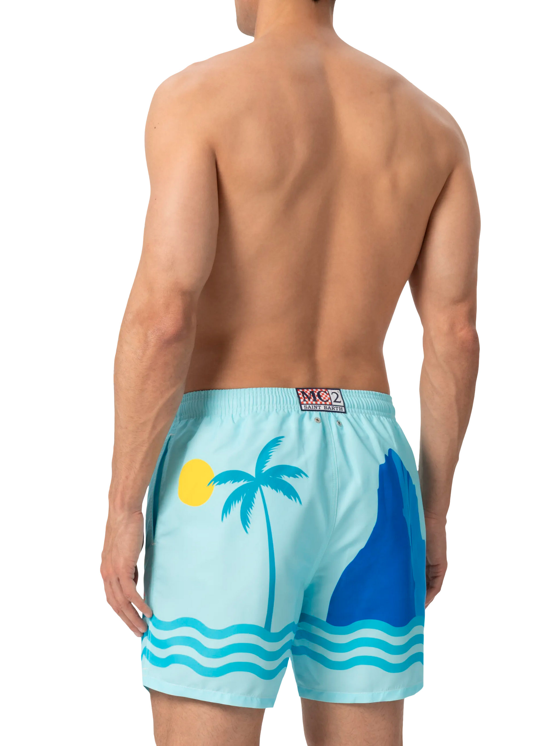 Mid-length Gustavia swim-shorts with Ibiza postcard placed print - MC2 Saint Barth