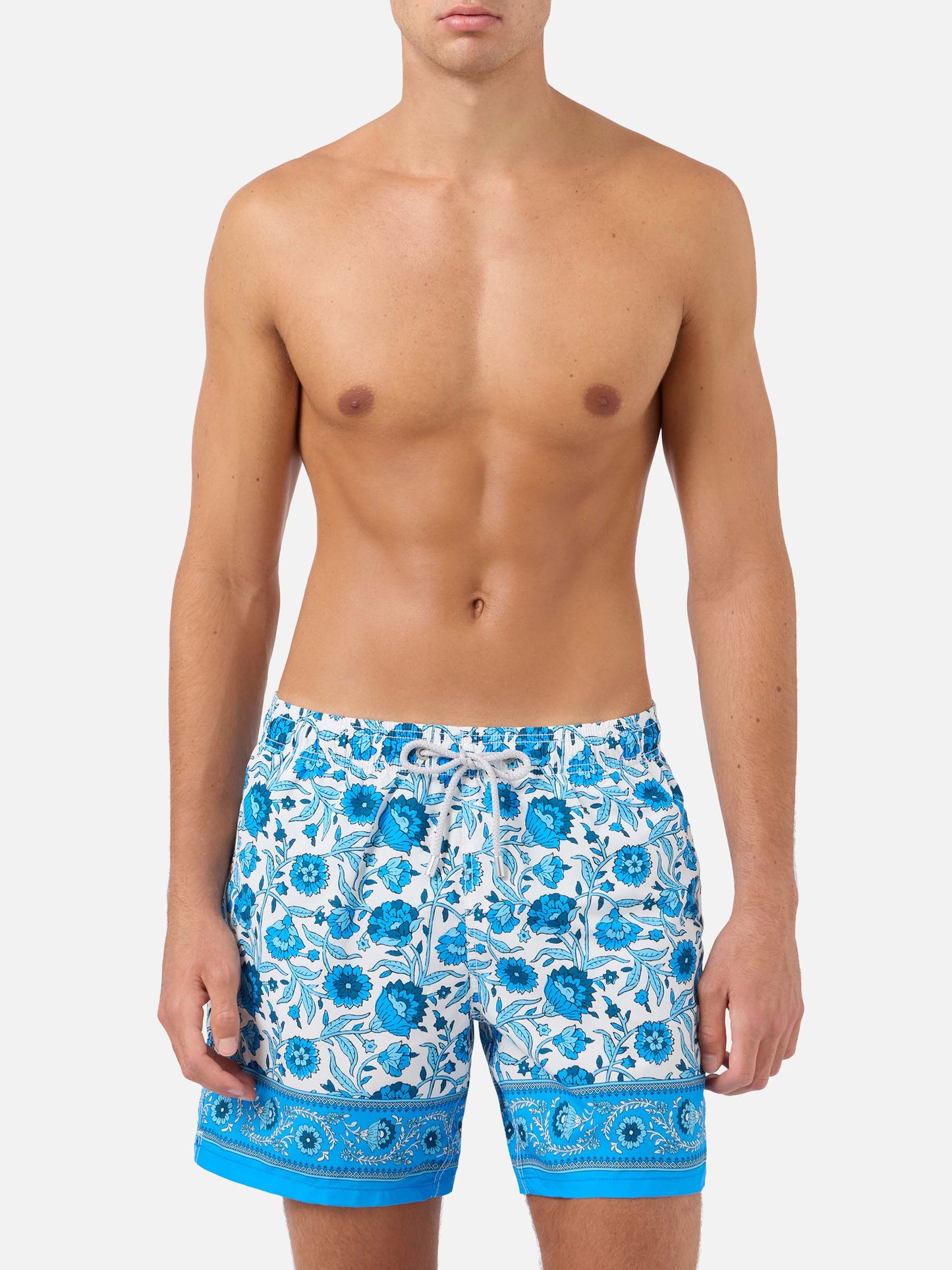 Gustavia swim shorts with blue batik floral print