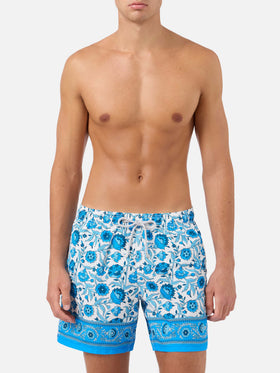 Gustavia swim shorts with blue batik floral print
