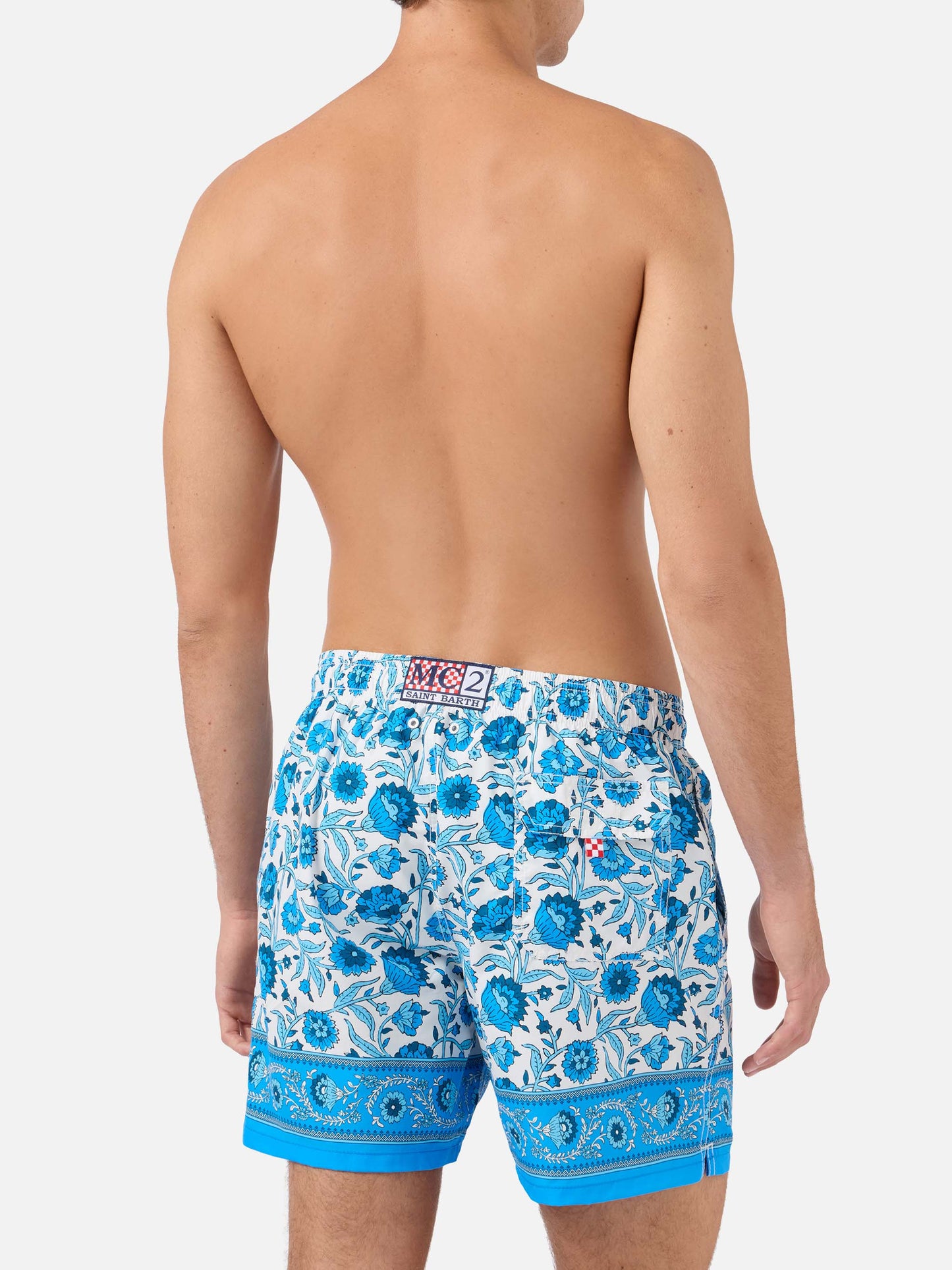 Gustavia swim shorts with blue batik floral print