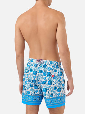 Gustavia swim shorts with blue batik floral print
