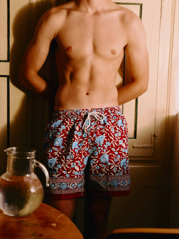 Gustavia burgundy swim shorts with floral print