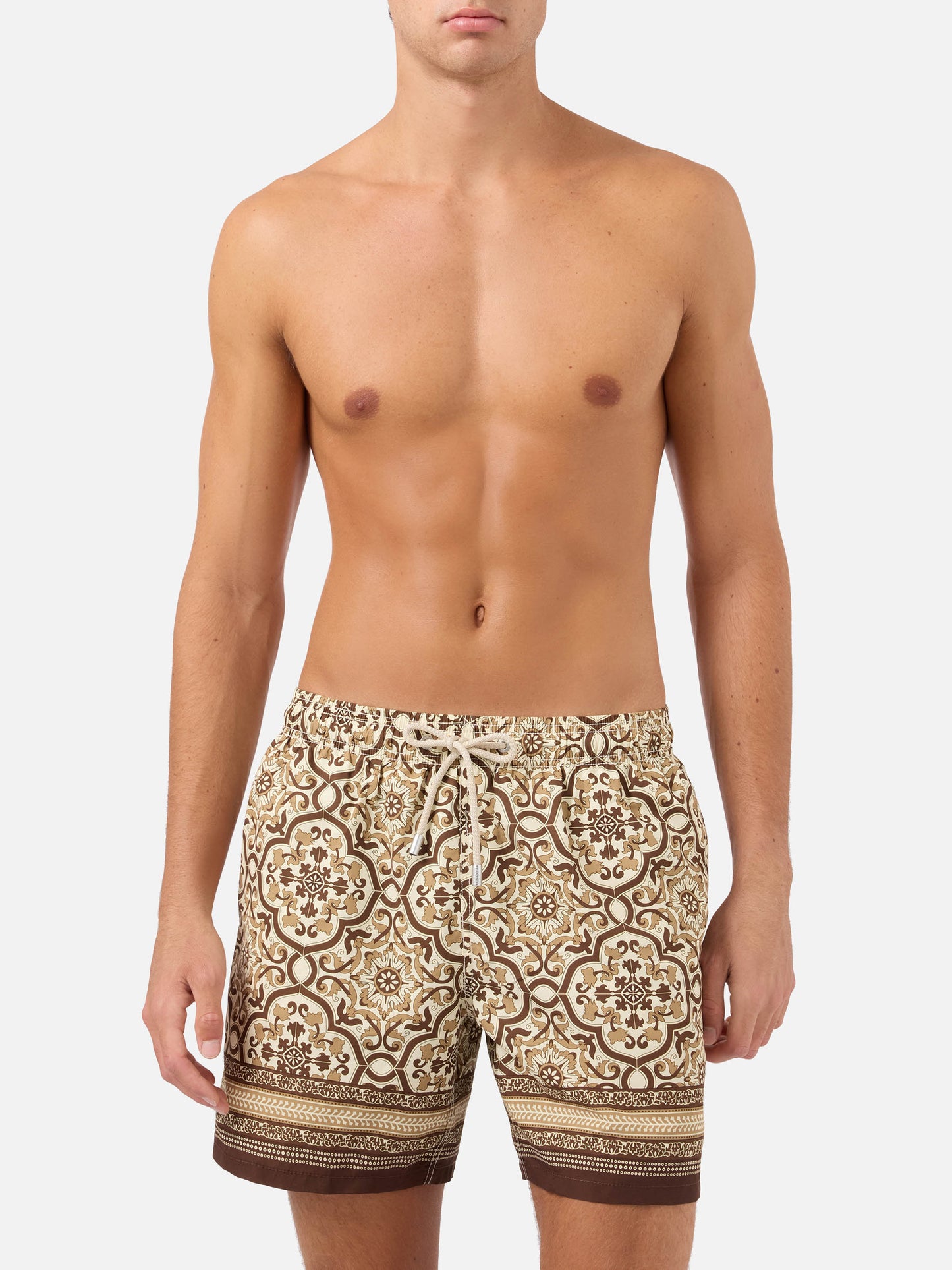Gustavia swim shorts with brown ornamental placed print