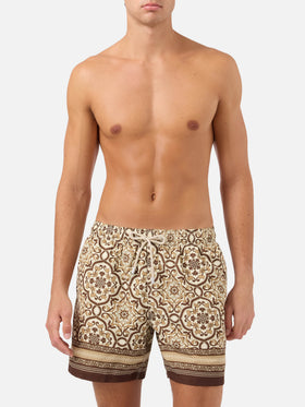 Gustavia swim shorts with brown ornamental placed print