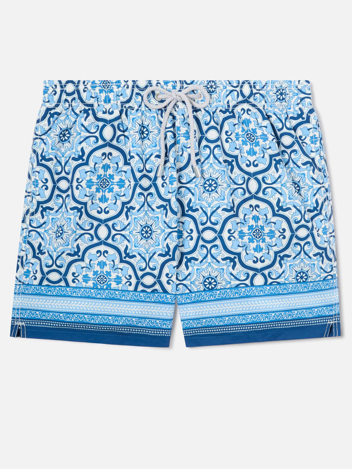 Bañador Gustavia con estampado ornamental azul posicionado 
