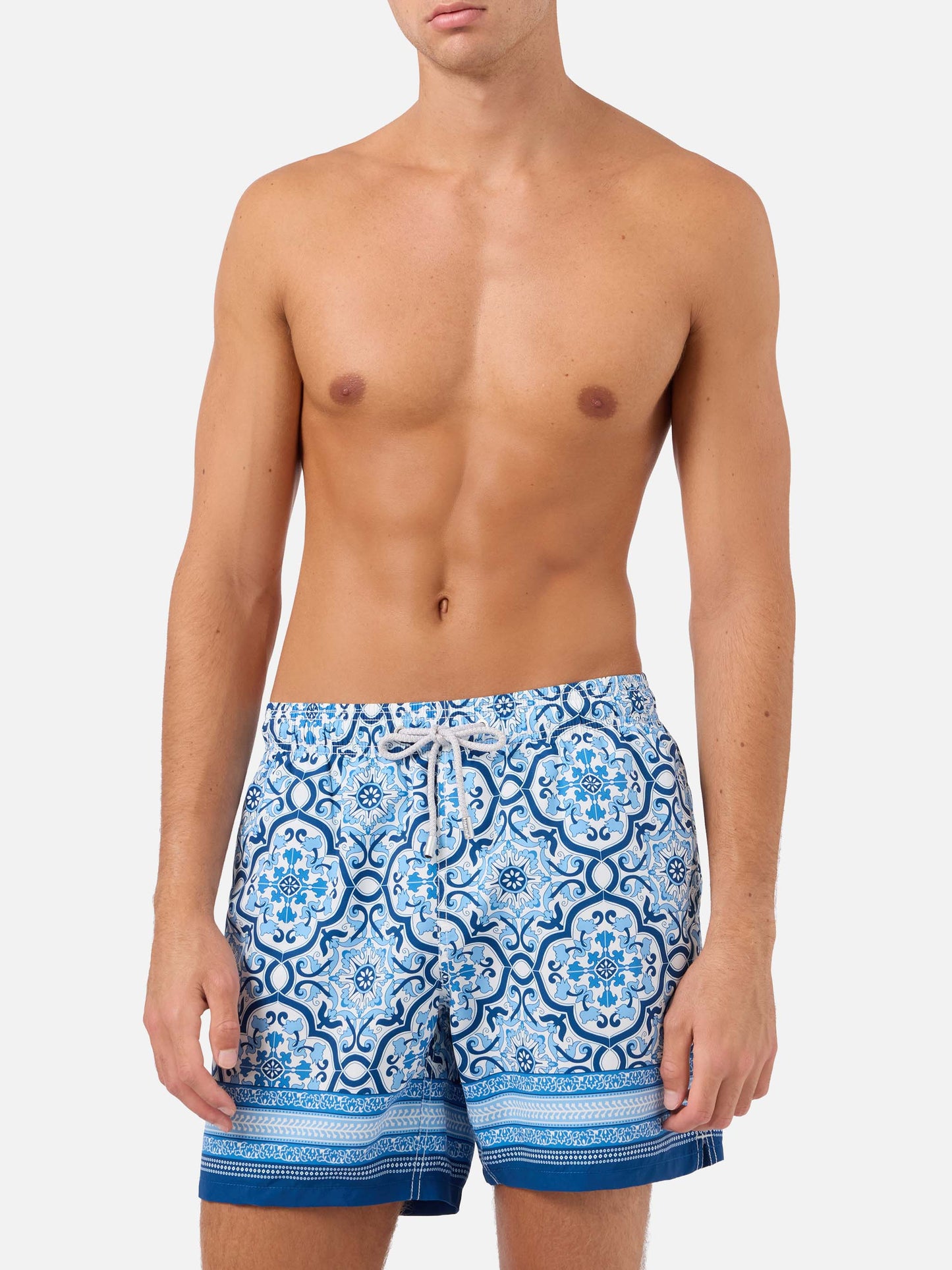 Gustavia swim shorts with blue ornamental placed print