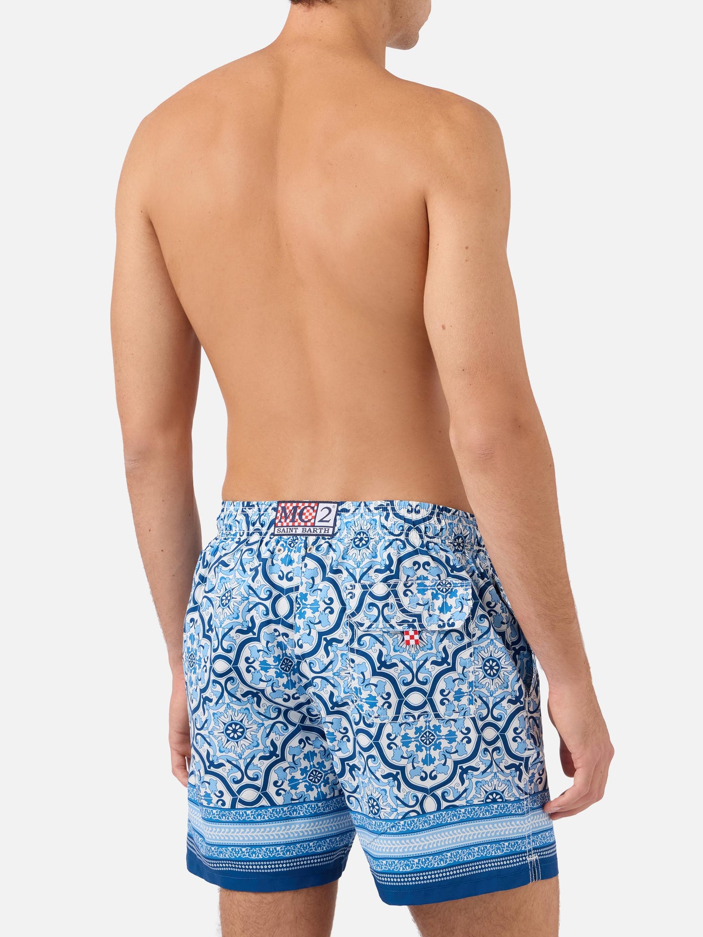 Gustavia swim shorts with blue ornamental placed print