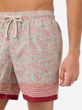 Bañador corto Gustavia verde agua con estampado paisley en contraste 
