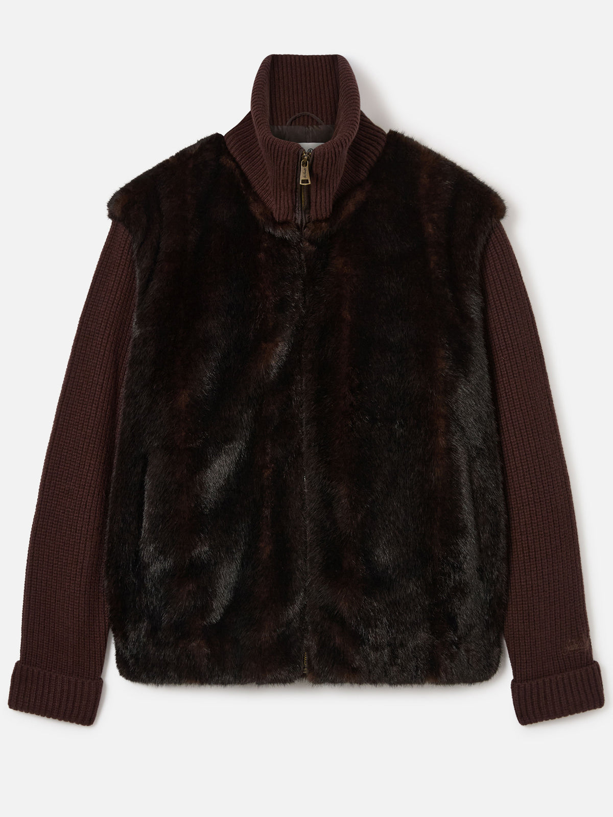Brown Gray faux fur jacket with ribbed knit sleeves