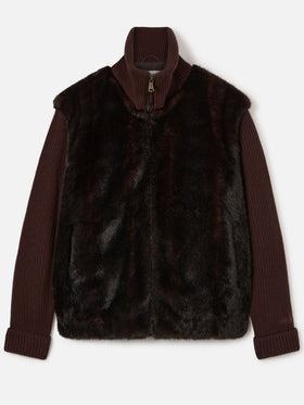 Brown Gray faux fur jacket with ribbed knit sleeves