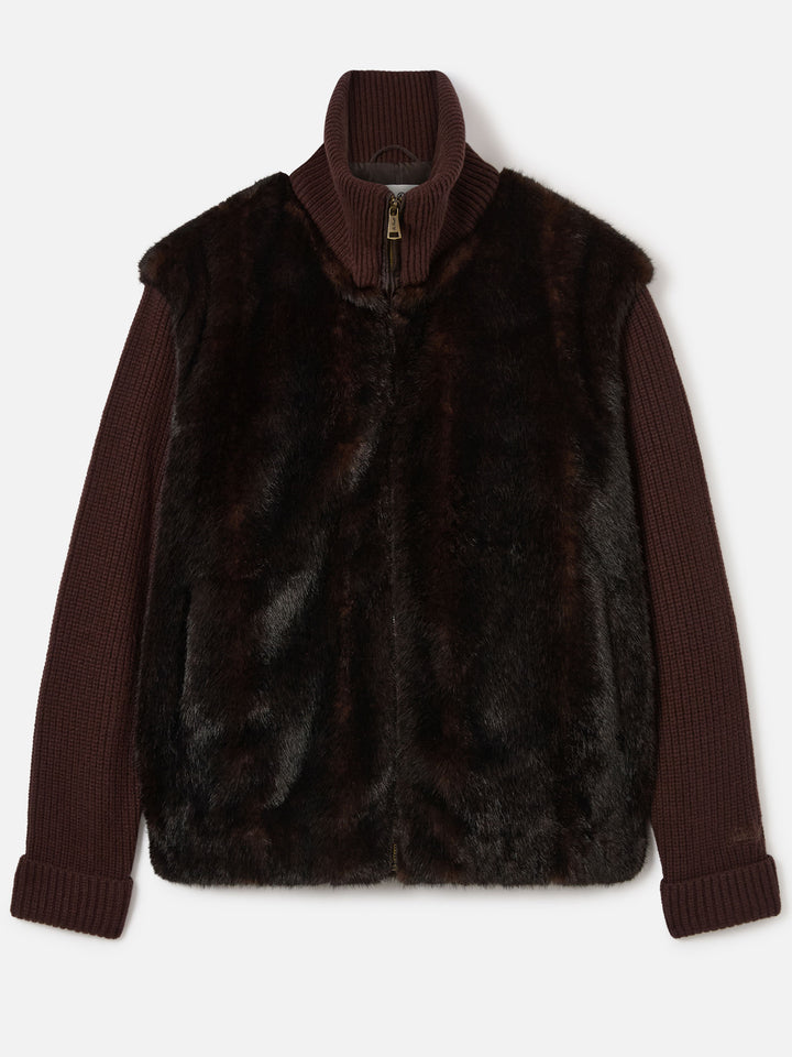 Braun-graue Jacke aus Kunstpelz mit gerippten Strickärmeln 