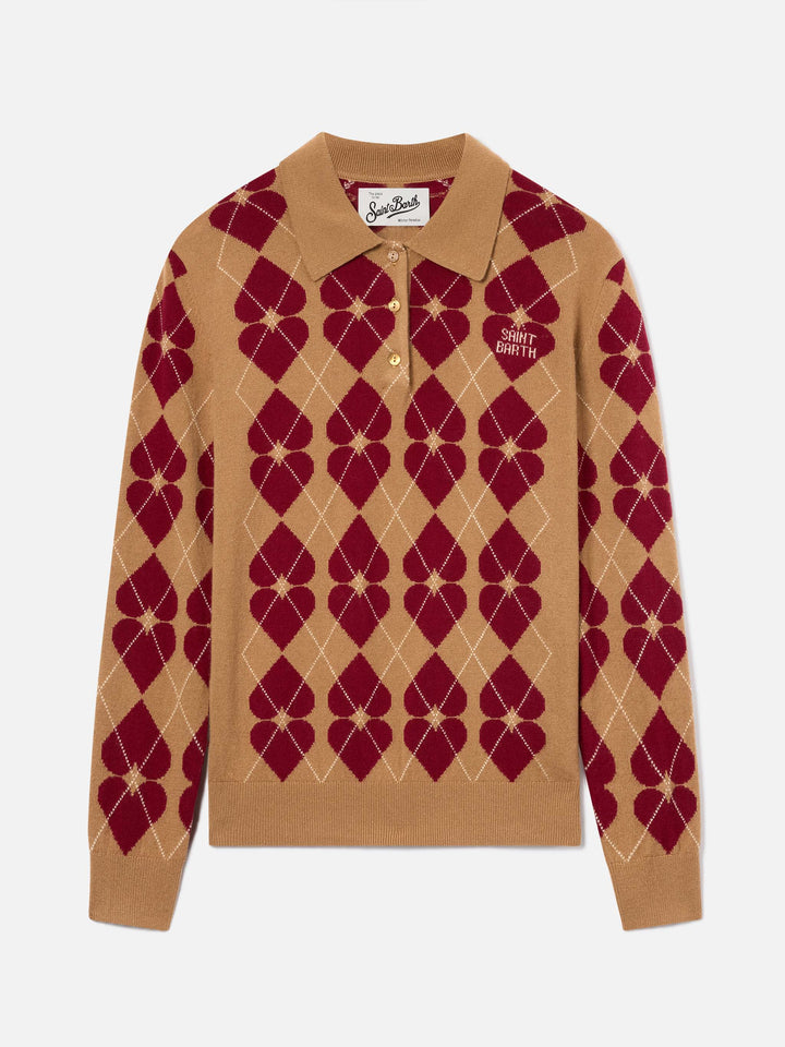 Maglia Hadidy in misto lana e cashmere con collo polo, motivo argyle e cuori
