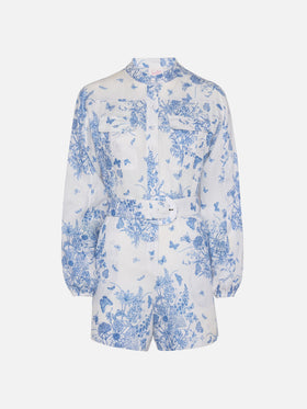 Hanniel tuta corta in lino con stampa butterfly toile de jouy