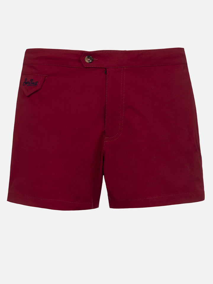 Man burgundy fitted cut swim shorts Harrys