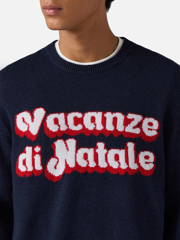 Blue crewneck Heron with Vacanze di Natale logo jacquard | VACANZE DI NATALE SPECIAL EDITION
