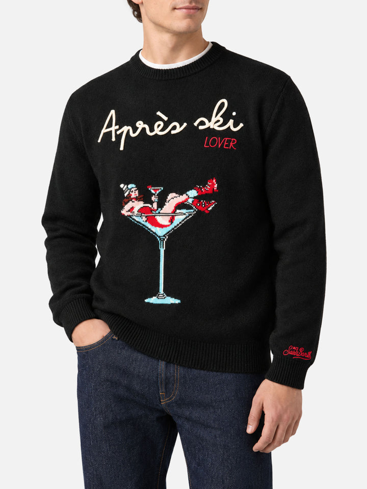 Black Heron crewneck sweater with Après ski embroidery and girl in glass jacquard