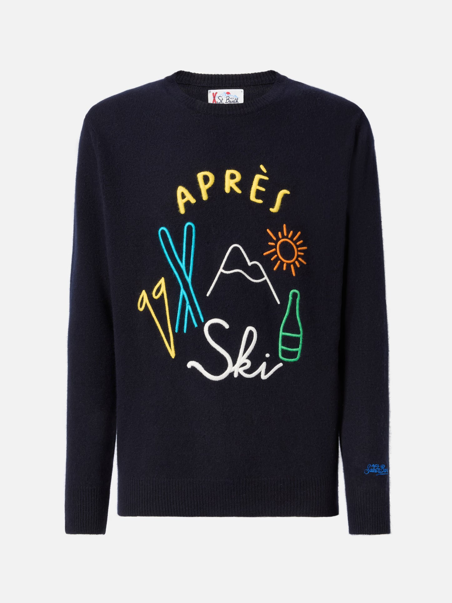 Blue sweater Heron with Apres ski embroidery