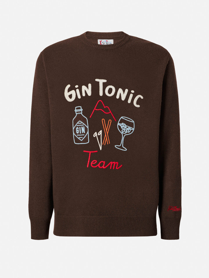 Brauner Heron-Pullover mit Rundhalsausschnitt und Gin-Tonic-Team-Stickerei