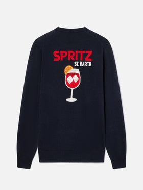 Navy blue Heron crewneck knit with back Spritz intarsia and embroidery