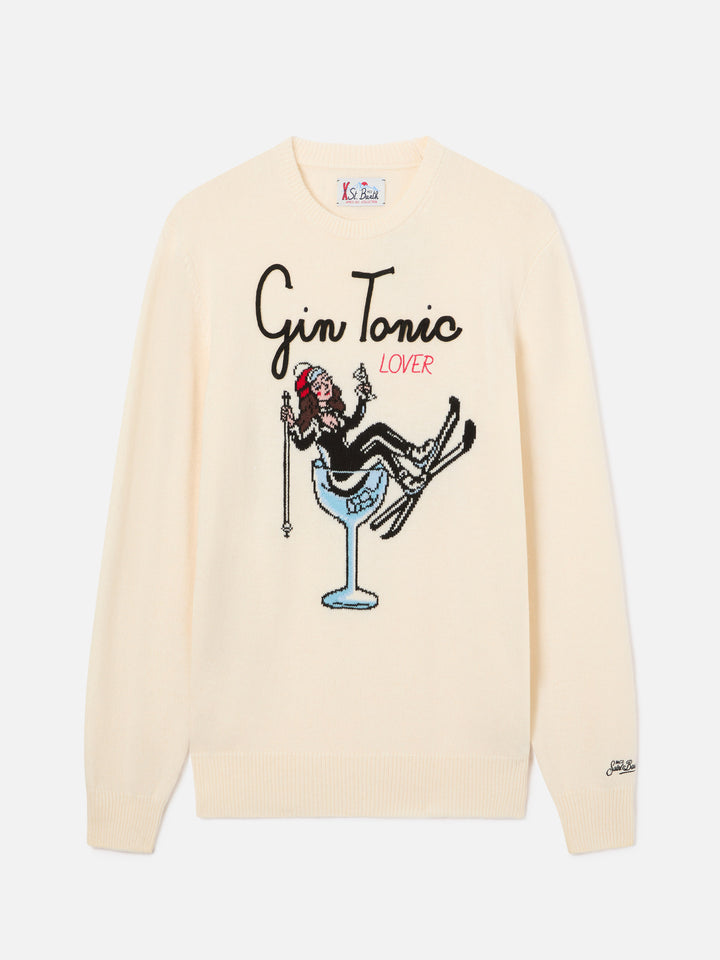 Off white Heron crewneck knit with Gin Tonic intarsia and embroidery