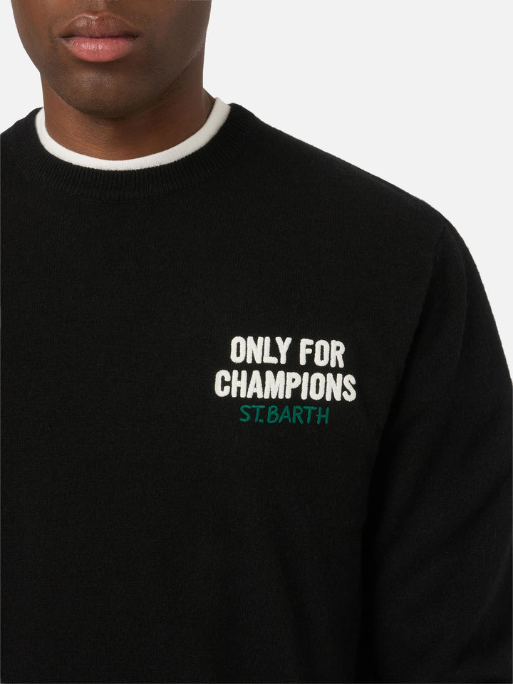 Black Heron crewneck knit with back Only For Champions intarsia and embroidery