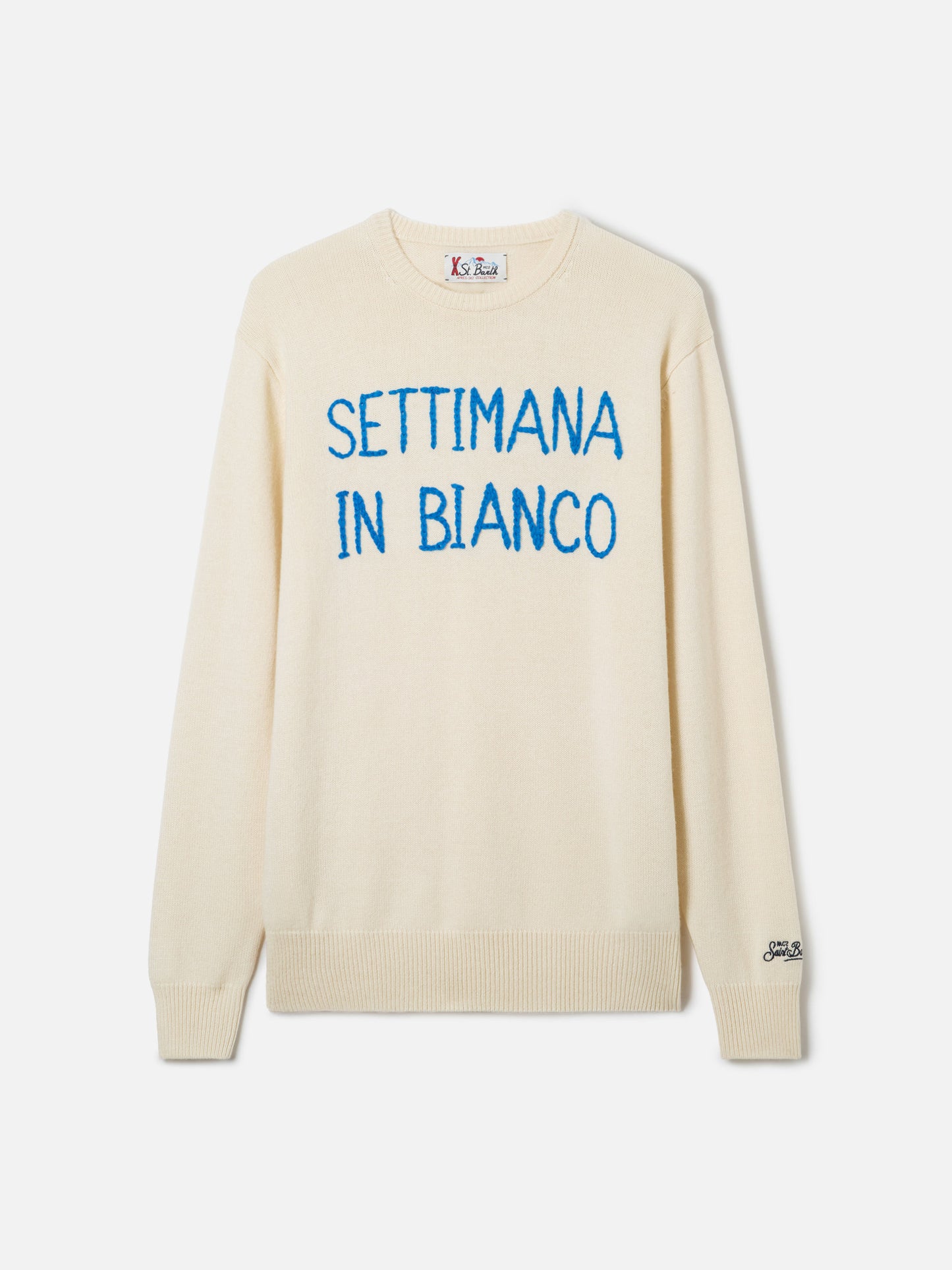 Weißer Herrenpullover mit Settimana in Bianco-Stickerei