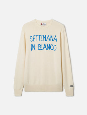 Weißer Herrenpullover mit Settimana in Bianco-Stickerei