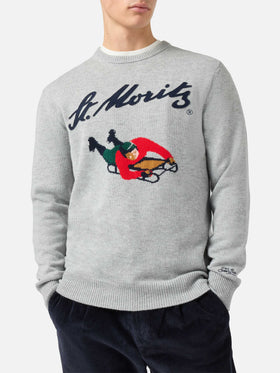 Heron crewneck in grey with St. Moritz jacquard and patch | ST. MORITZ TOP OF THE WORLD SPECIAL EDITION