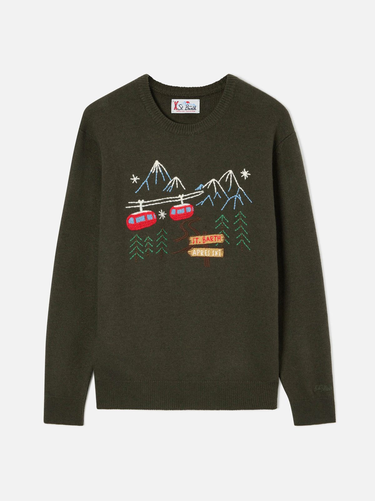 Crewneck-Strickpullover Heron in Militärgrün mit Bergstickerei 