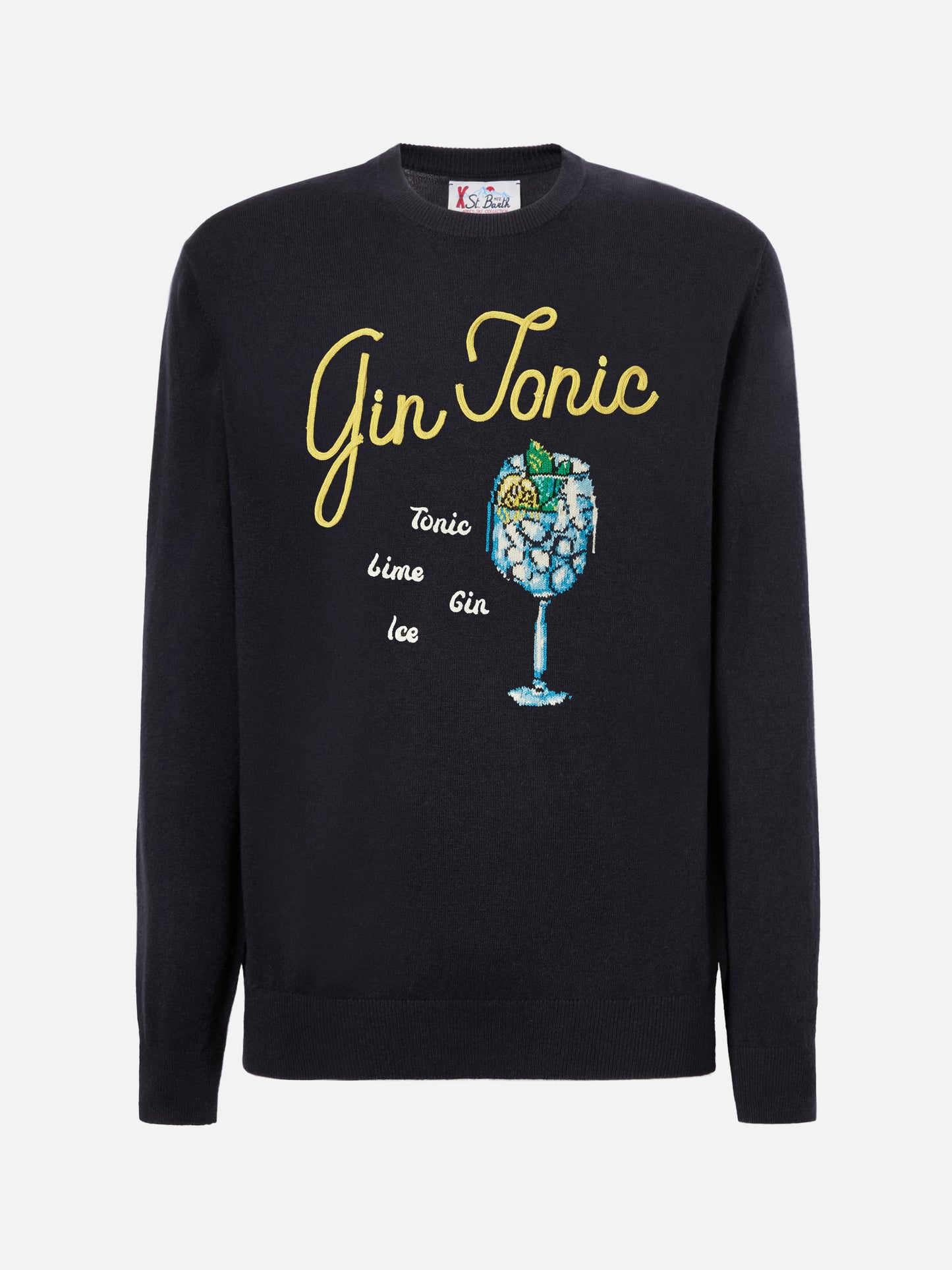 Blauer Pullover mit Reihermotiv und Gin-Tonic-Stickerei