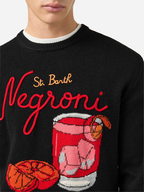 Schwarzer Pullover mit Reihermotiv und St. Barth Negroni-Stickerei