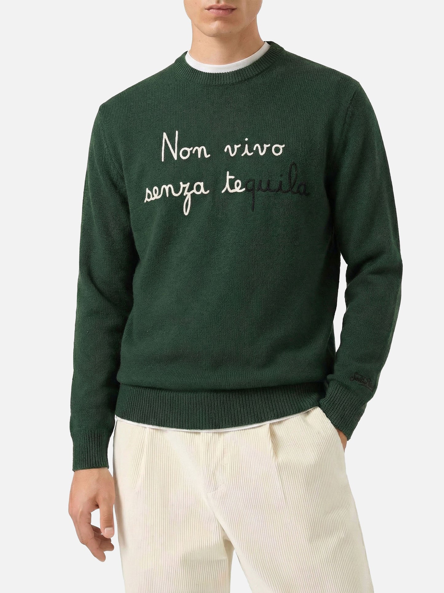 Heron green sweater with Non vivo senza tequila lettering