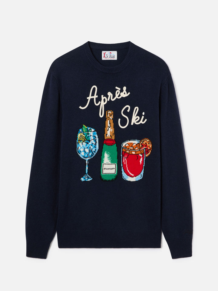 Navy blue Heron crewneck knit with Après Ski intarsia and embroidery