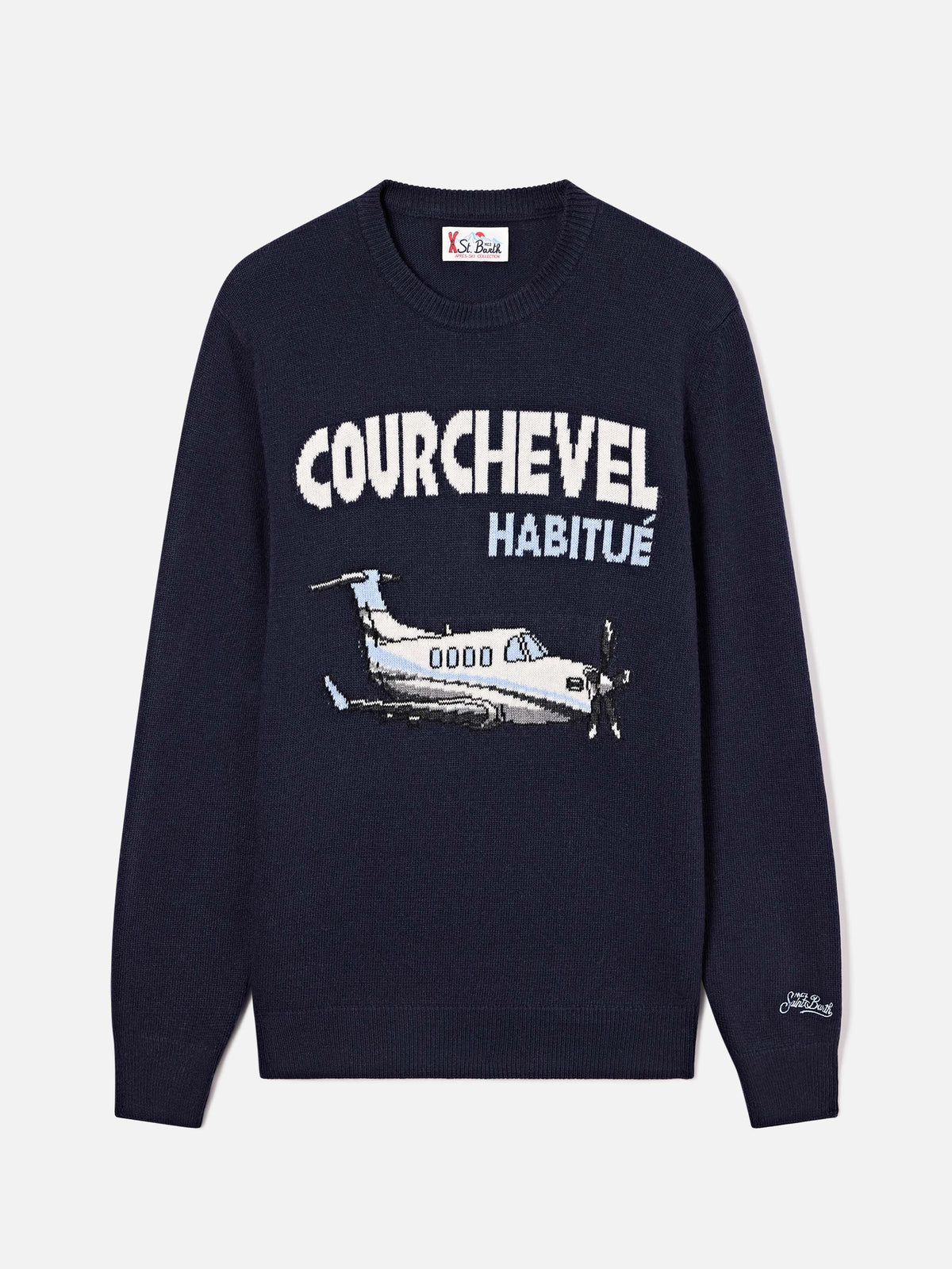 Pull en maille col rond Heron Navy blue avec intarsia Courchevel Habitué 