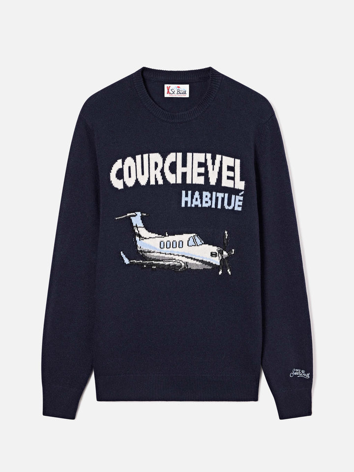 Pull en maille col rond Heron Navy blue avec intarsia Courchevel Habitué 