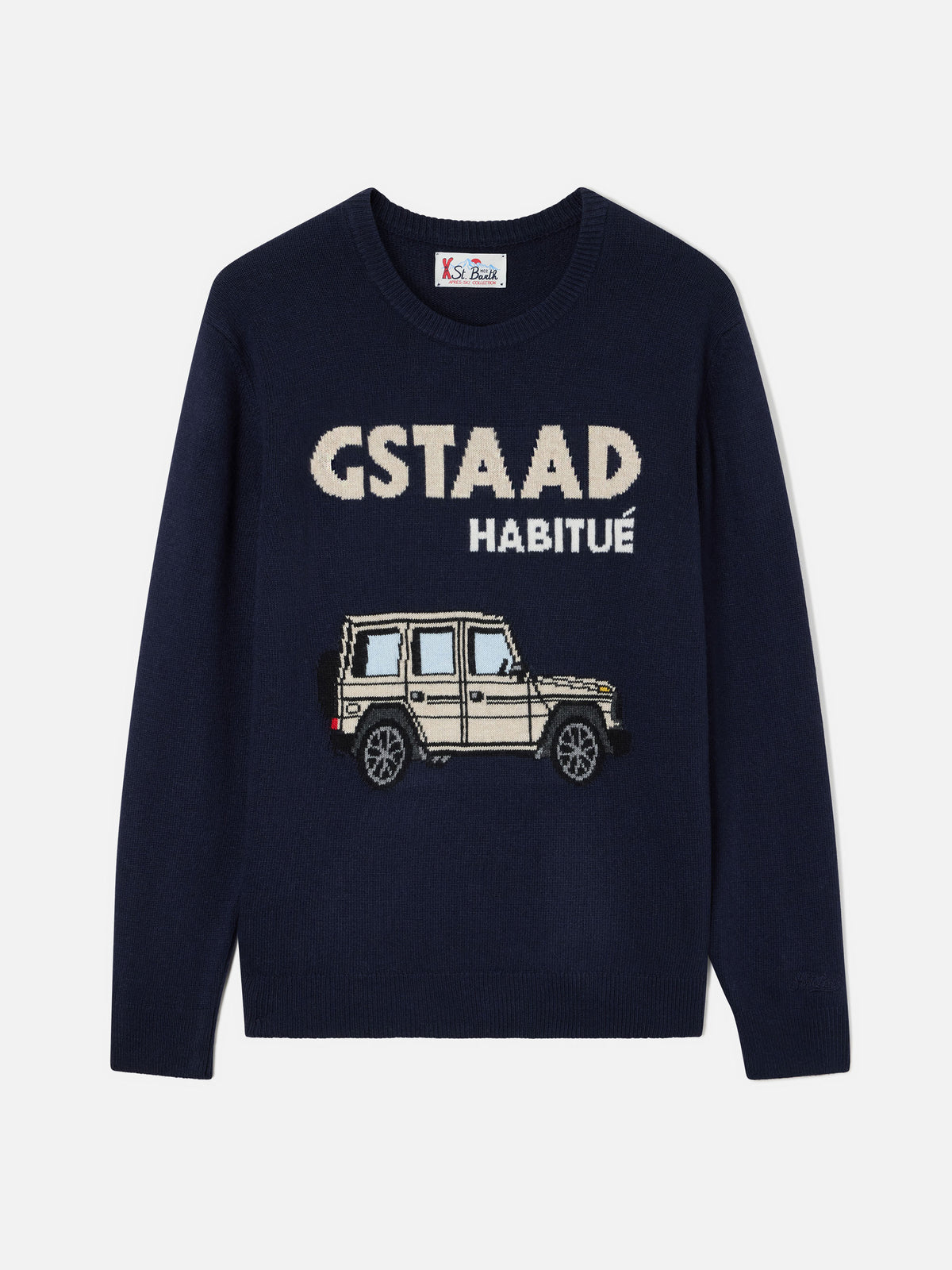 Navy blue Heron crewneck knit with Gstaad Habitué intarsia