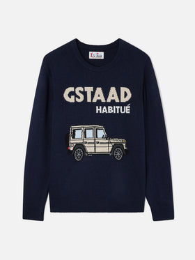 Navy blue Heron crewneck knit with Gstaad Habitué intarsia