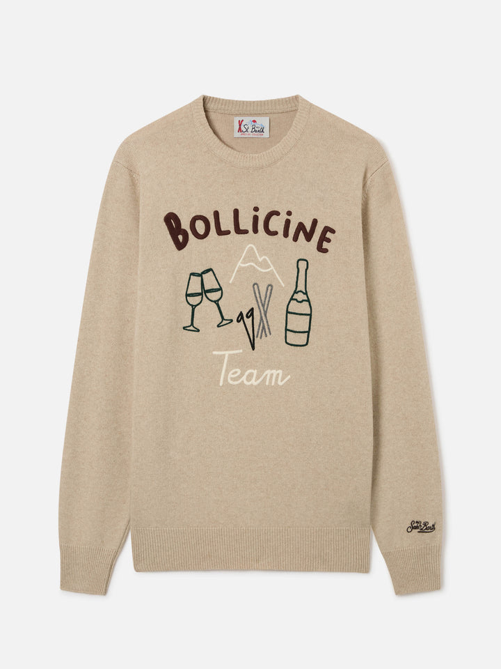 Beige Heron crewneck knit with Bollicine Team intarsia and embroidery