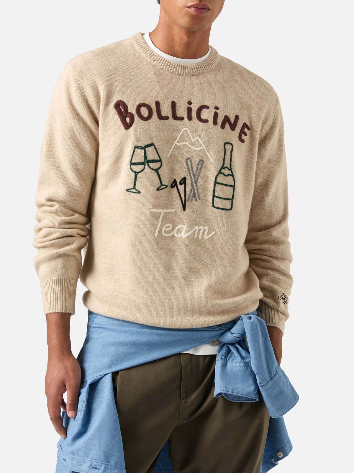 Beige Heron crewneck knit with Bollicine Team intarsia and embroidery