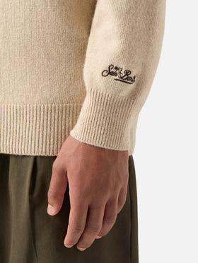 Beige Heron crewneck knit with Bollicine Team intarsia and embroidery