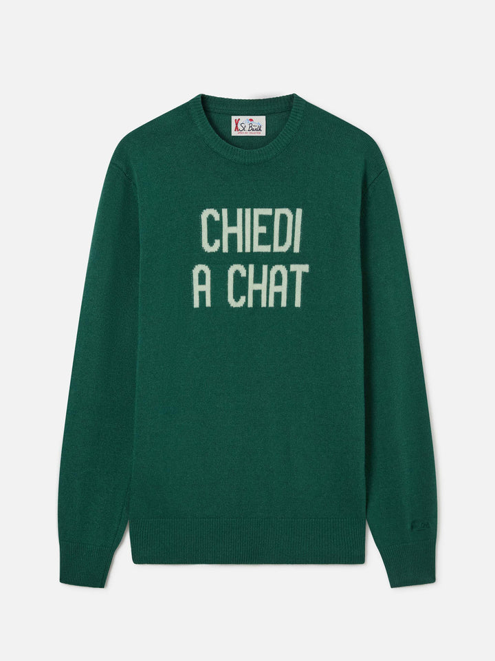 Green Heron crewneck knit with Chiedi A Chat intarsia