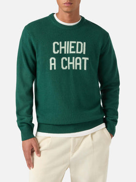 Crewneck-Strickpullover Green Heron mit Chiedi A Chat-Intarsie 