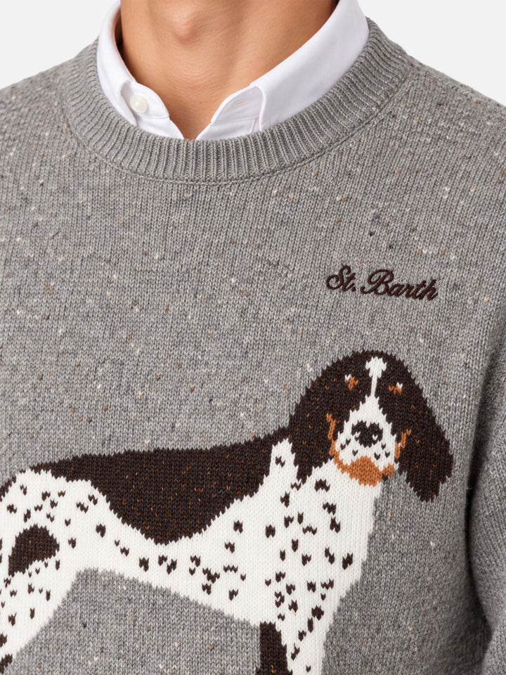 Maglia girocollo Heron grigio chiaro melange in donegal con jacquard cane