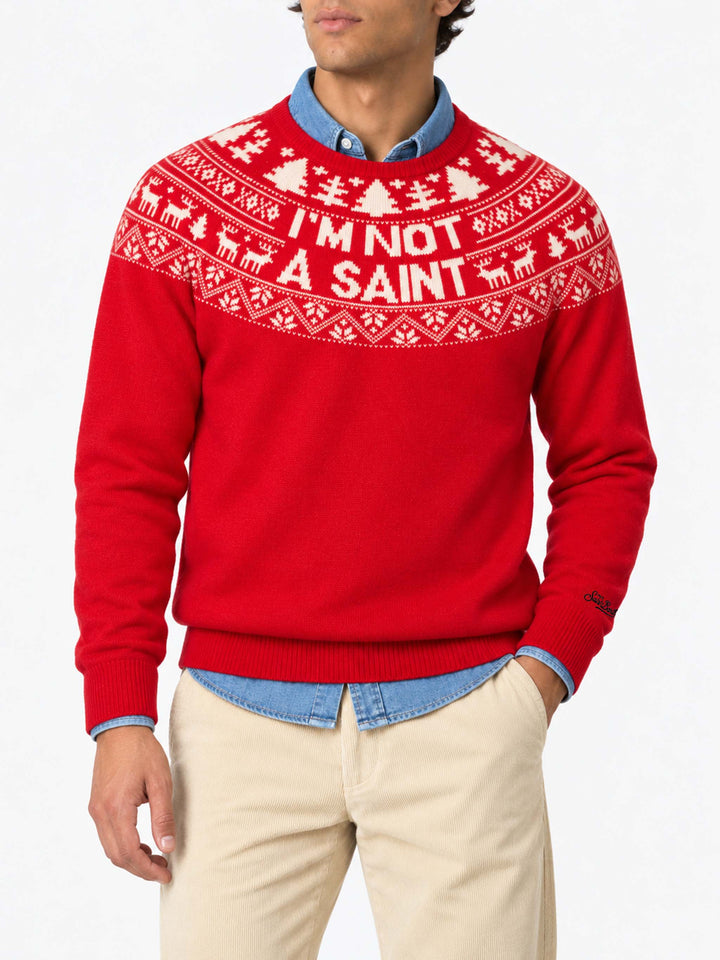 Pull rouge Heron avec jacquard Fair Isle et jacquard I'm not a Saint 