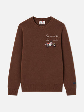 Brown Heron crewneck sweater with Sei come la mia moto embroidery
